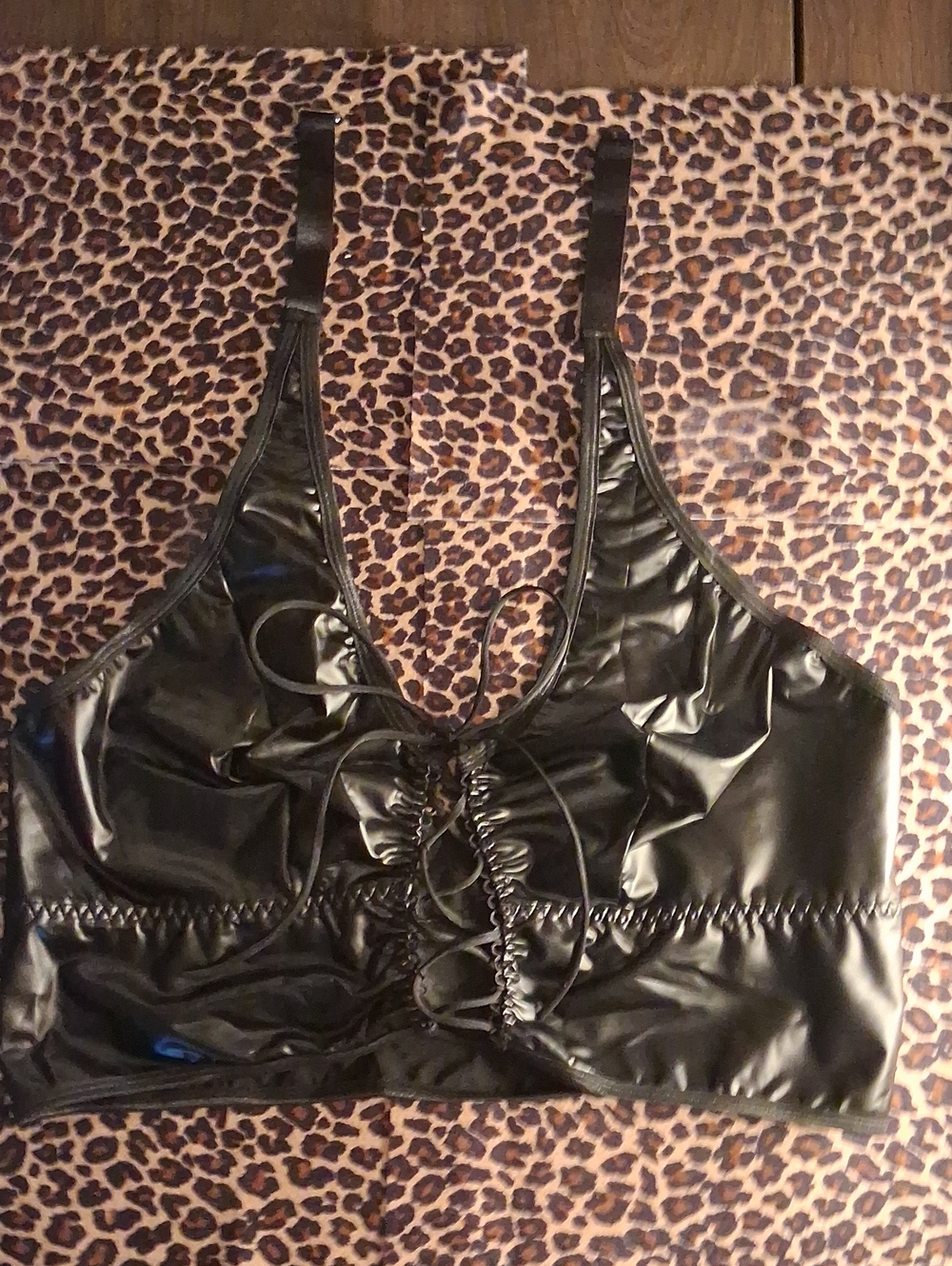 SHEIN Black Faux Leather Lace-Up Bralette